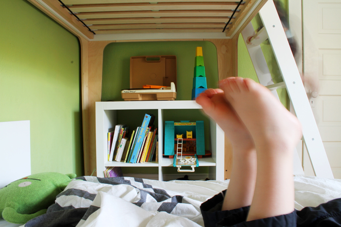 Fisher Price record player under the bunk bed