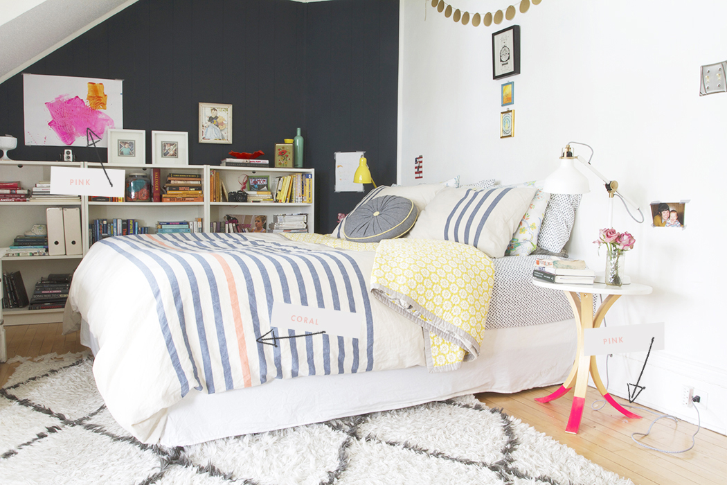 Black & White Bedroom with Coral and Pink Accents