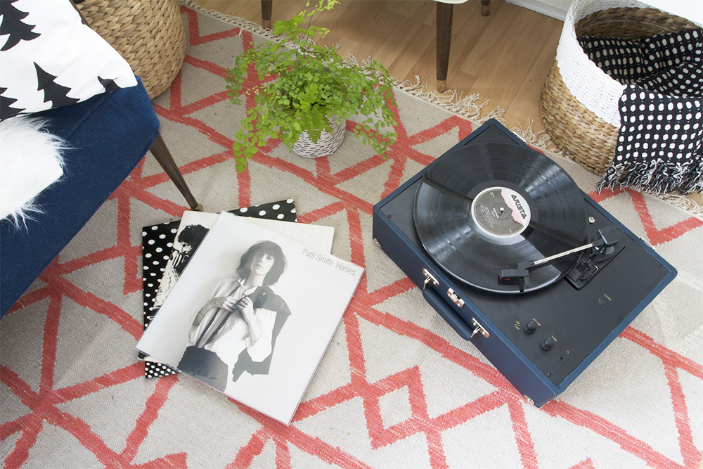 Navy Crosley Turntable and Guava Torres Rug