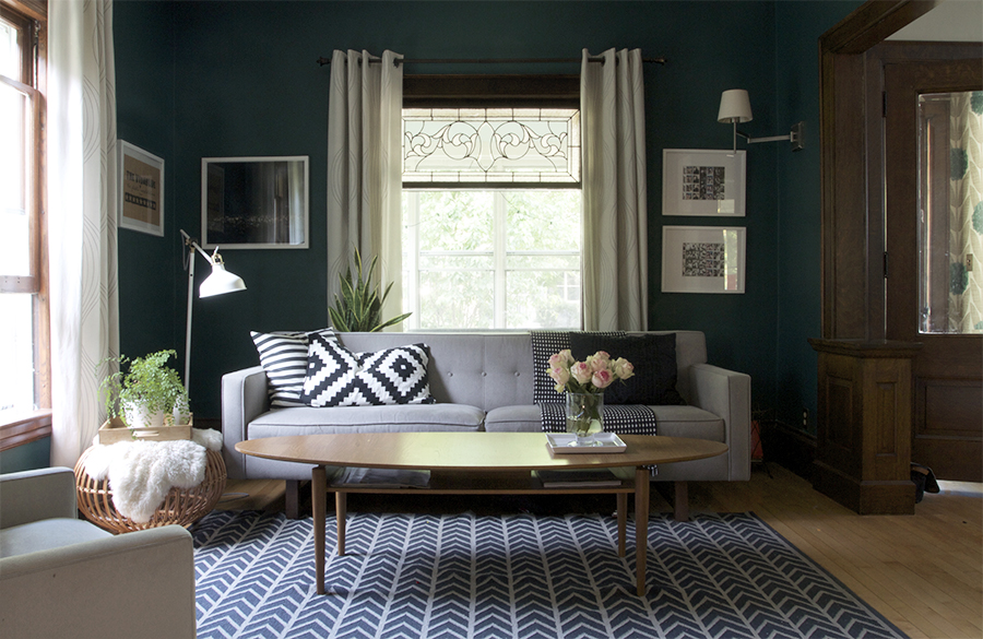 Dark Teal Living Room with Black and White Accents