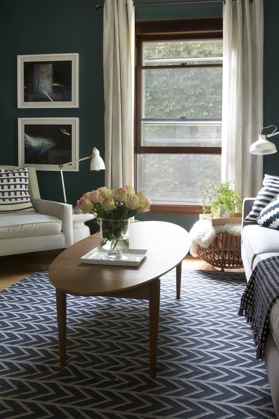 Dark Teal Living Room with Black and White Accents