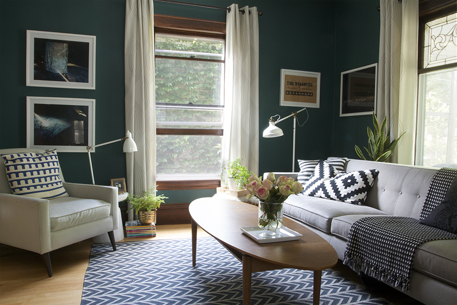 Dark Teal Living Room with Black and White Accents