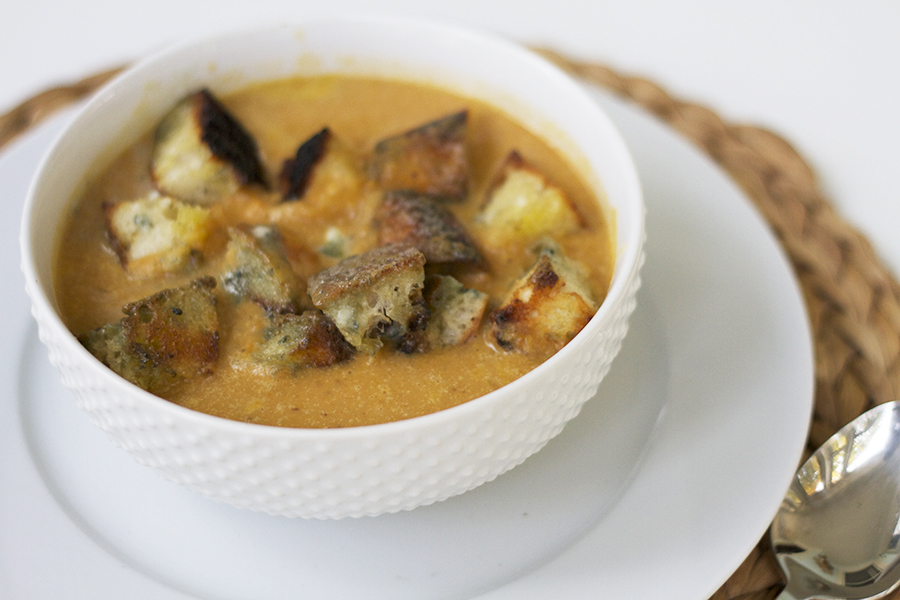 Spicy Sweet Potato Bisque with Bleu Cheese Croutons