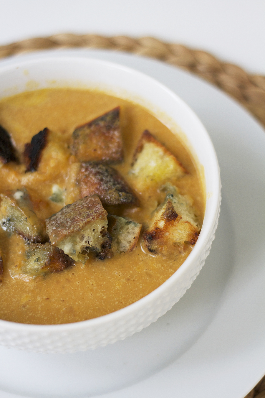 Spicy Sweet Potato Bisque with Bleu Cheese Croutons