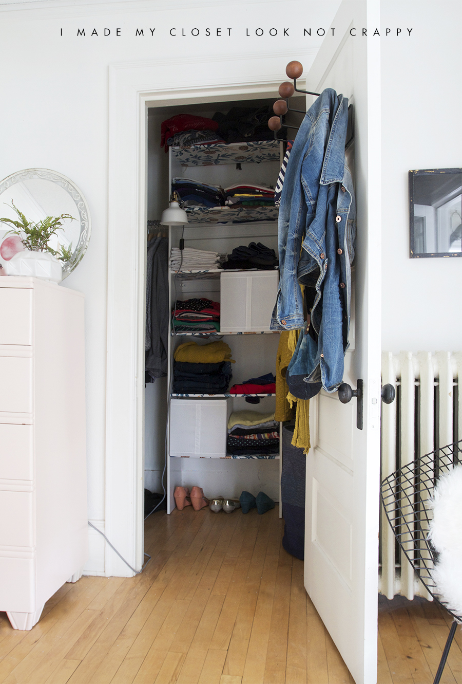 Easy Closet Clean Up, Wallpaper shelves and paint for a fresh look