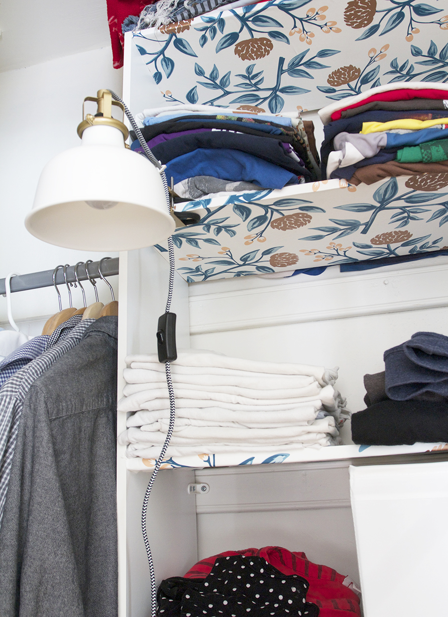 Easy Closet Clean Up, Wallpaper shelves and paint for a fresh look