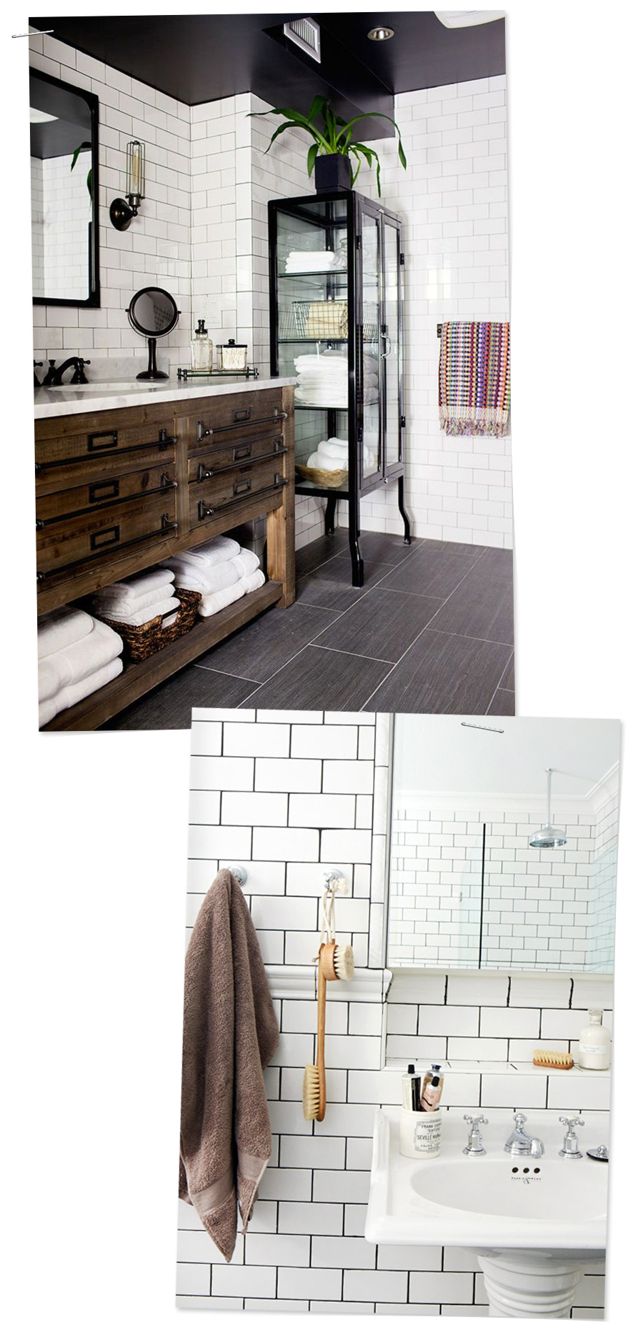 Inspirational Bathrooms : Subway Tile, Black floors, and lots of natural texture