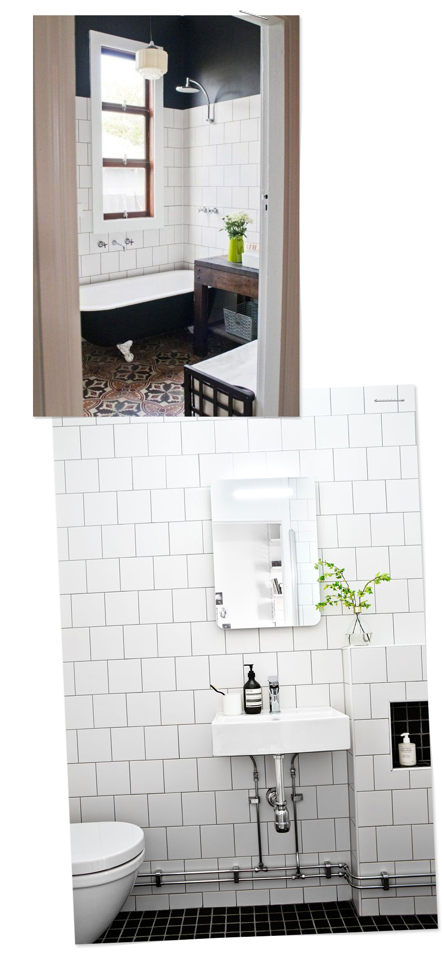 Inspirational Bathrooms : White square tile in an offset pattern with black grout