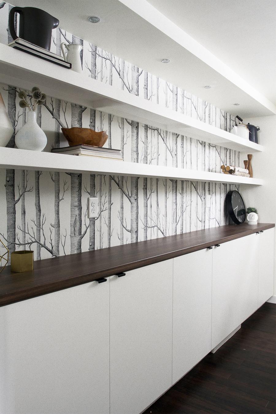 Floating Shelving in a Scandinavian Inspired Basement Renovation