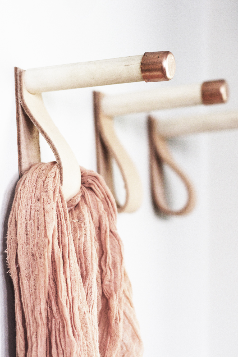 Leather, Wood and Copper Coat Hooks