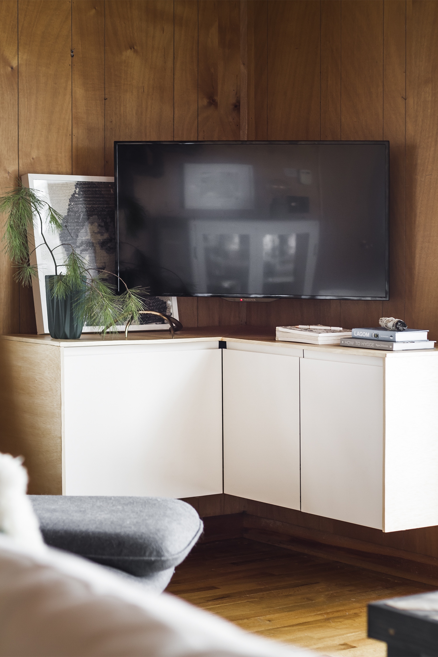 Deucecities Henhouse | Custom Corner TV Credenza using Ikea Kitchen Cabinets