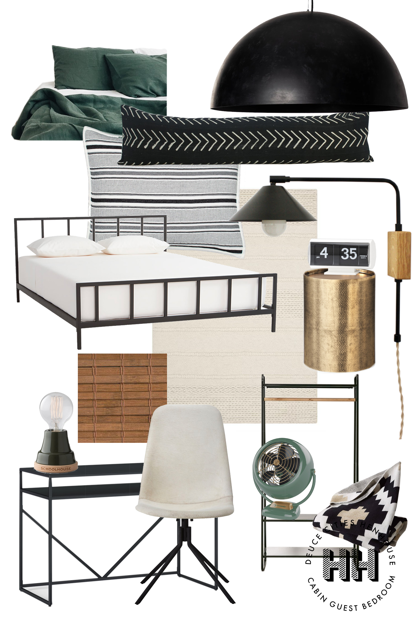 A Modern Green, Black and Brass Look for The Cabin Guest Bedroom