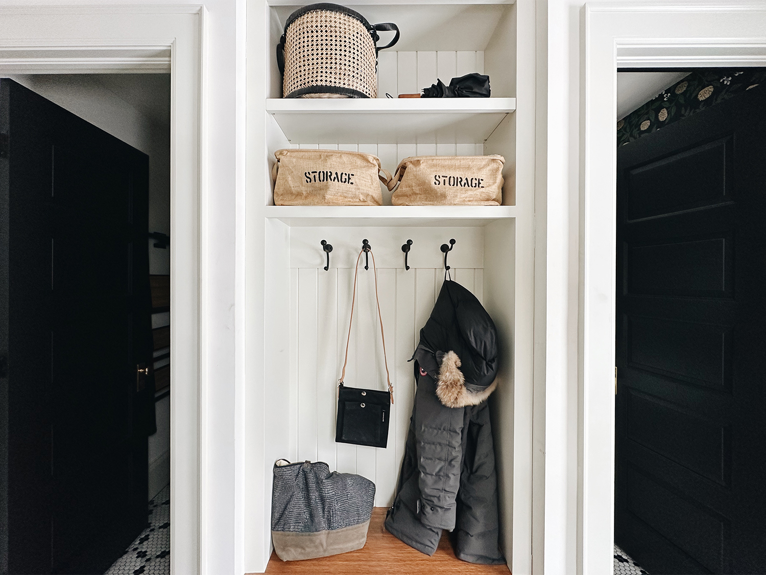 Mudroom Built in For Coats with symmetrical Doors on either side
